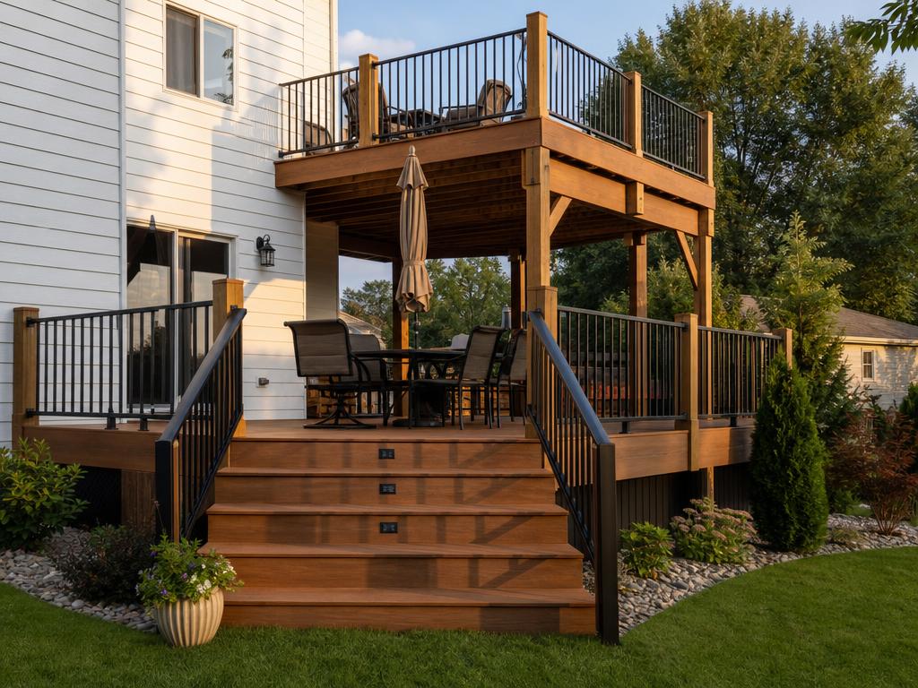 Cedar-toned two-level deck with wide stairs down to a green backyard