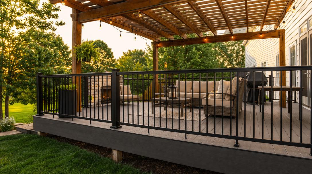 Composite deck with cedar pergola, outdoor furniture and string lights at golden hour