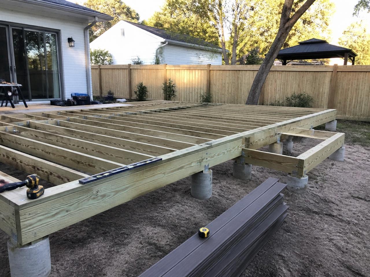Pressure-treated deck framing on concrete footings before decking goes down