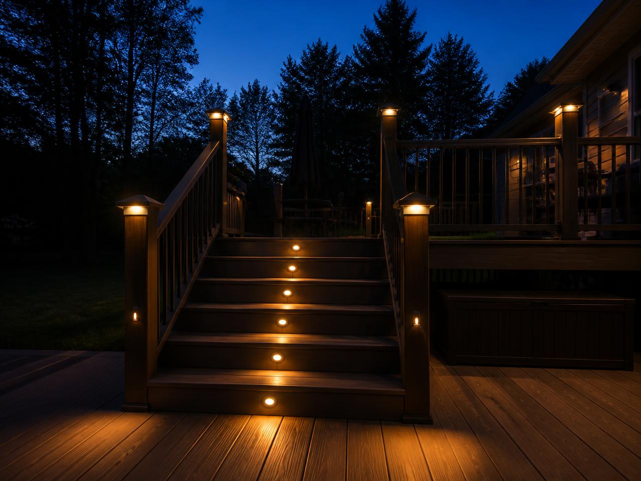 Deck stair riser lights and post cap lights glowing at dusk