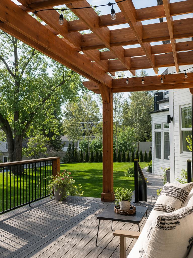 Grey composite deck under a cedar pergola with string lights