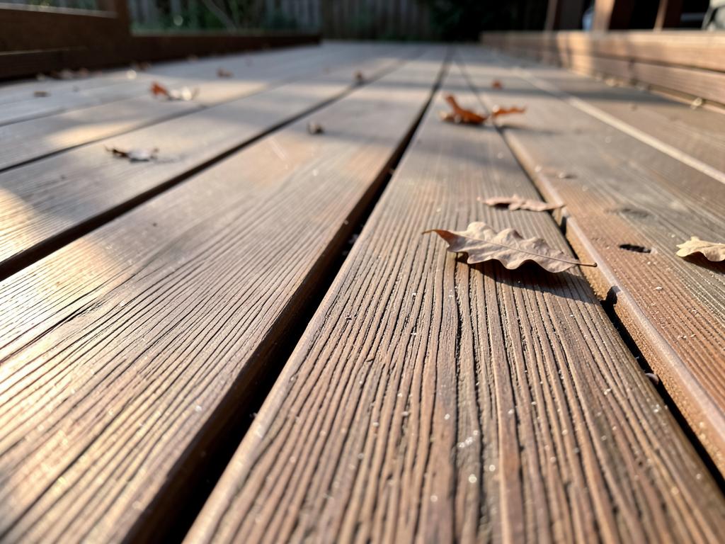Close-up of grooved composite deck board grain in warm cedar brown